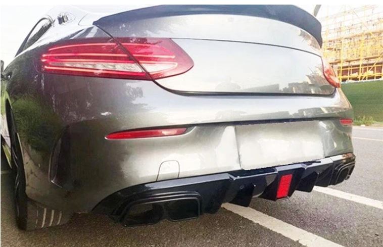 2015-2021 Mercedes C Class Coupe C205 Brabus Style Rear Diffuser with LED Light Gloss Black Back Left