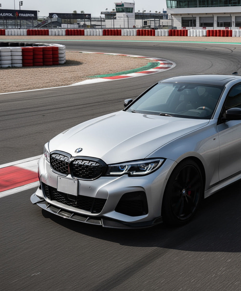 2019-2022 bmw 3 series g20 (330i/m340i) pre-lci m-sport ax style front bumper lip splitter spoiler replica carbon fiber front right
