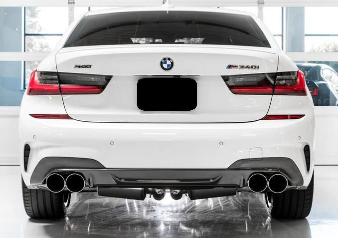 2019-2025 bmw 2/3/4 series g20/g22/g23/g26/g42 (m240i/m340i/m440i) lci and pre lci m performance style quad exhaust tips stainless steel back center