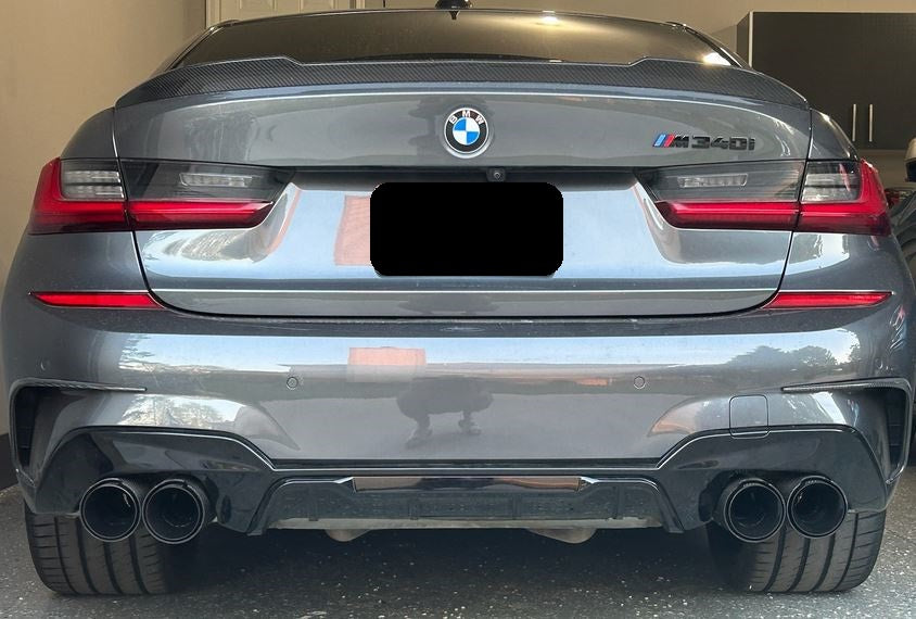 2019-2025 bmw 2/3/4 series g20/g22/g23/g42 (230i/330i/430i) lci and pre-lci m performance style quad exhaust tips carbon fiber back center