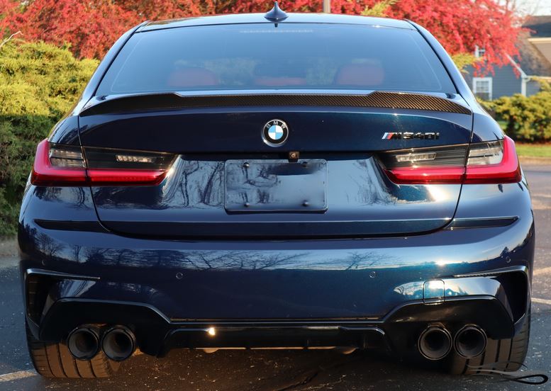 2019-2025 bmw 2/3/4 series g20/g22/g23/g42 (230i/330i/430i) lci and pre-lci m performance style quad exhaust tips carbon fiber back center