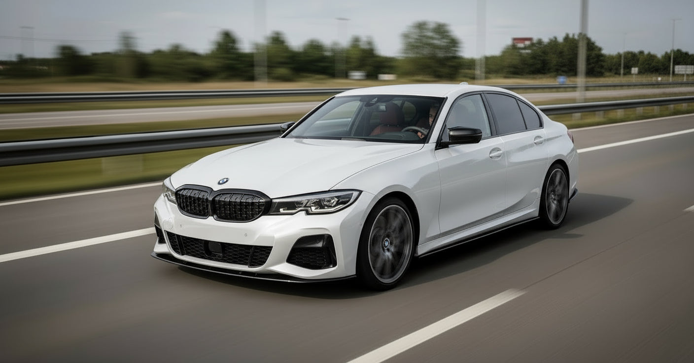 2019-2025 bmw 3 series g20 (330i/m340i) pre-lci and lci m sport ac style full length side skirt extensions gloss black left side