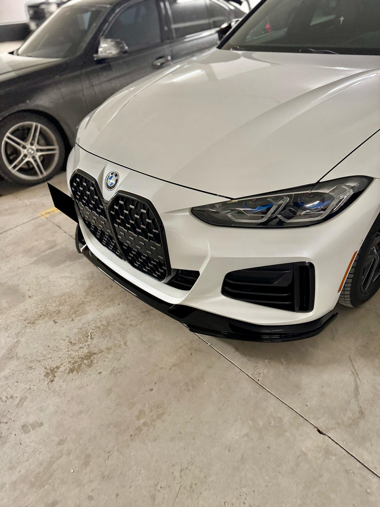 2021-present bmw 4 series gran coupe g26 (430i/m440i/i4) lci m sport 3d style front bumper lip splitter spoiler gloss black front right