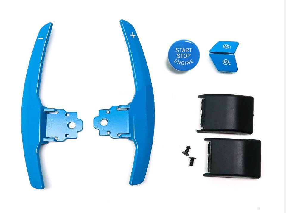 BMW F Series Aluminium Blue Paddle Shifters with Push Button and M Buttons Close Up