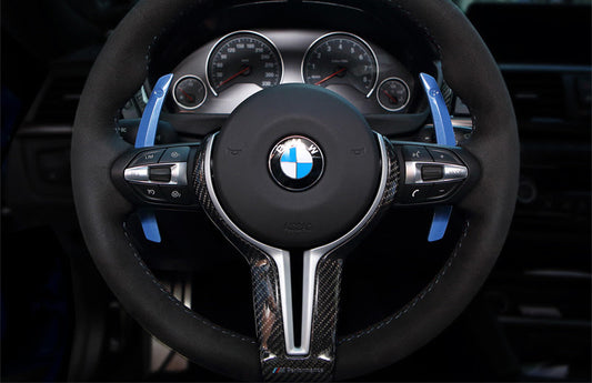 BMW F Series Aluminium Blue Paddle Shifters with Push Button and M Buttons Steering Wheel