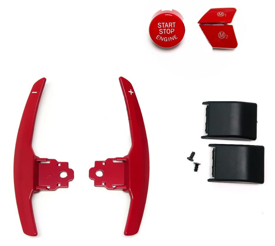 BMW F Series Aluminium Red Paddle Shifters with Push Button and M Buttons Close Up