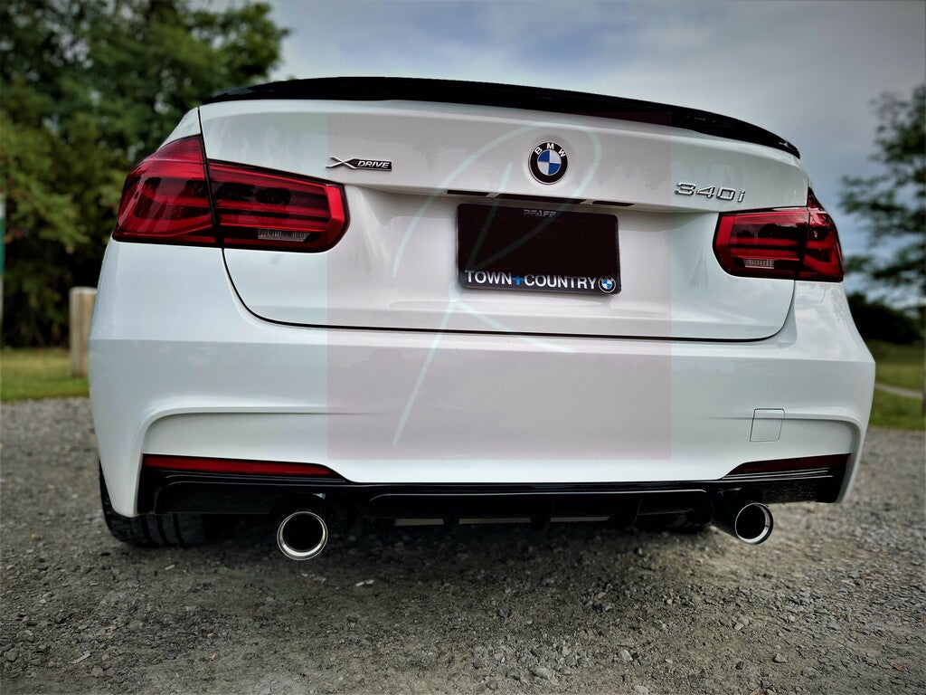 2012-2018 BMW 3 Series F30/F31 (328i/330i/335i/340i) m-sport m performance style rear bumper diffuser dual single exhaust Gloss Black Back Center