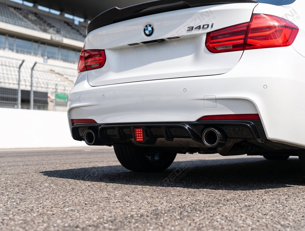 2012-2018 bmw 3 series f30/f31 328i/330i/335i/340i m sport m performance led light style rear bumper diffuser replica carbon fiber gloss black dual single exhaust back right