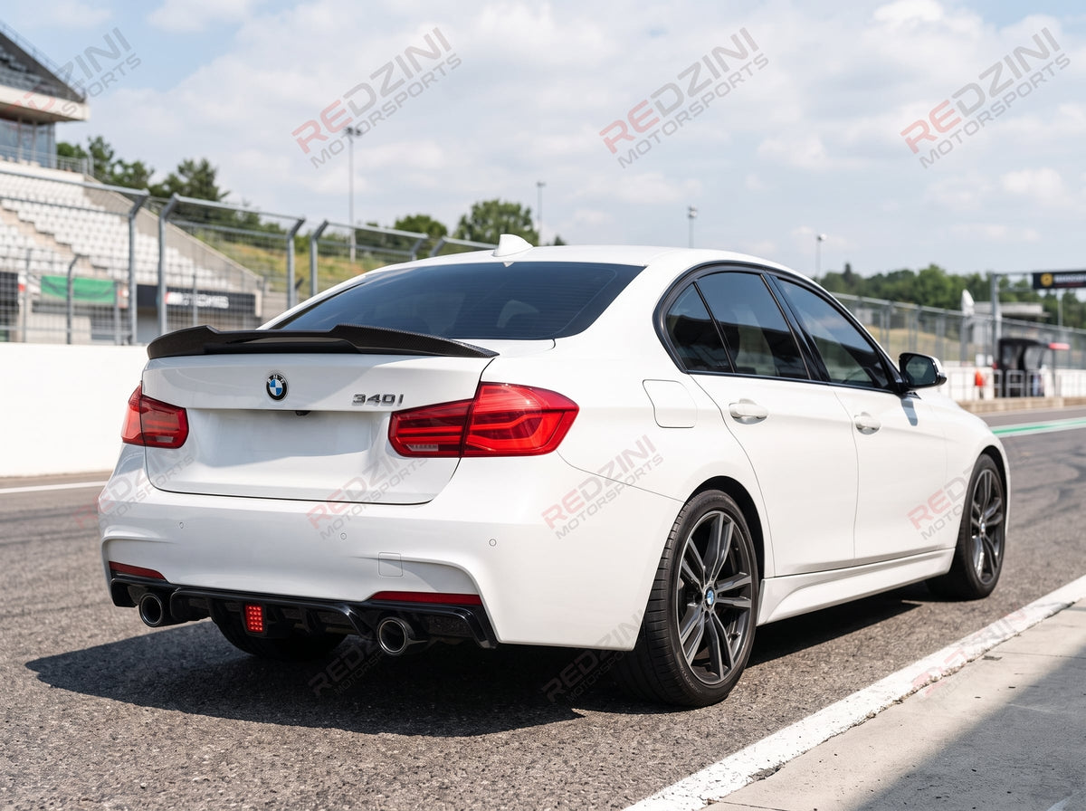 2012-2018 bmw 3 series f30/f31 328i/330i/335i/340i m sport m performance led light style rear bumper diffuser replica carbon fiber gloss black dual single exhaust back right