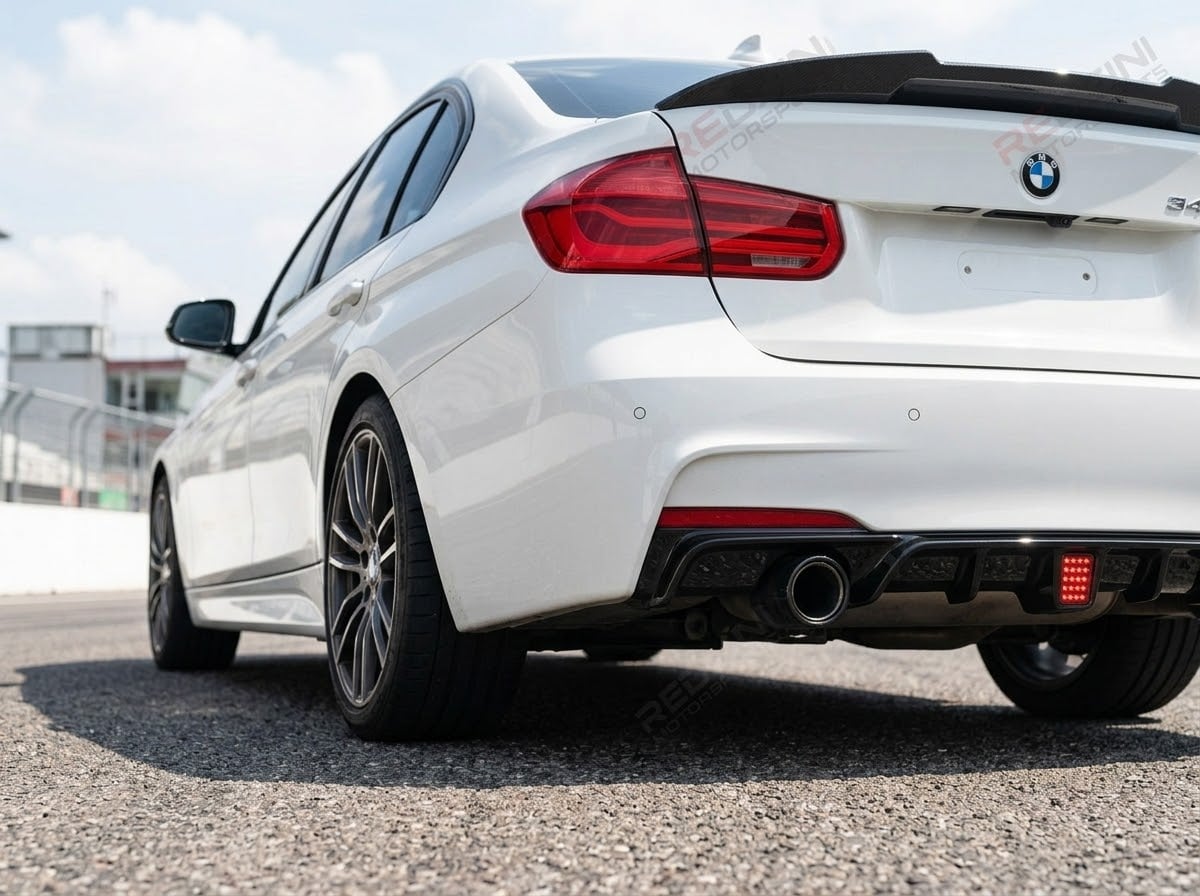 2012-2018 bmw 3 series f30/f31 328i/330i/335i/340i m sport m performance led light style rear bumper diffuser replica carbon fiber gloss black dual single exhaust back left