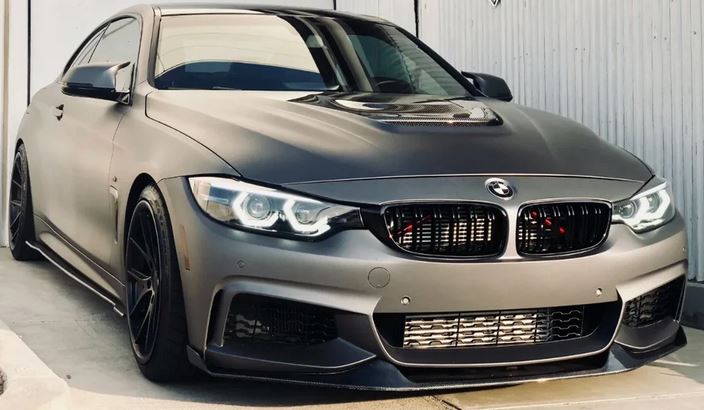 2014-2020 bmw 4 series f32/f33/f36 (430i/435i/440i) m sport mad style front bumper lip splitter spoiler gloss black with canards left far