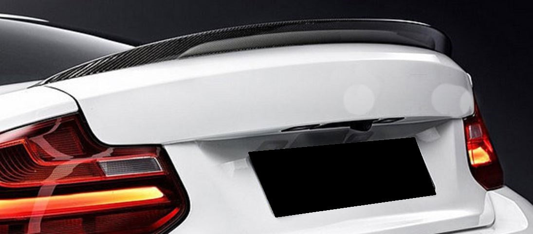 2014-2021 bmw 2 series f22/f87 (228i/230i/m235i/m240i/m2) m performance style rear trunk spoiler lip wing replica carbon fiber back left close up