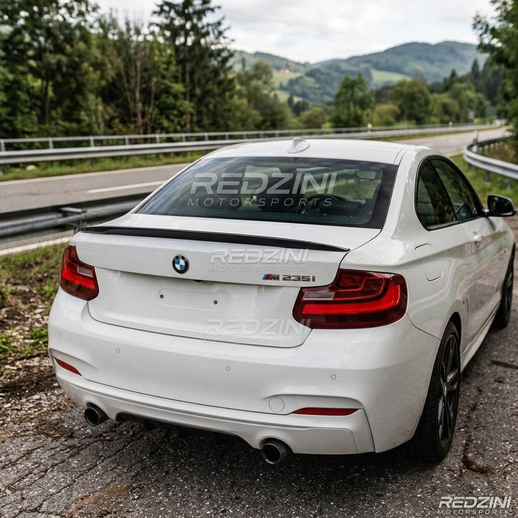 2014-2021 bmw 2 series f22/f87 (228i/230i/m235i/m240i/m2) m performance style rear trunk spoiler lip wing gloss black back left