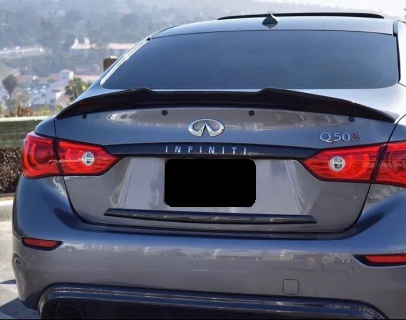 2014-2023 infiniti q50 sedan psm style rear trunk spoiler lip wing replica carbon fiber gloss black back right close up