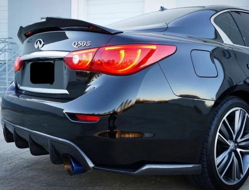 2014-2023 infiniti q50 sedan psm style rear trunk spoiler lip wing replica carbon fiber gloss black back right side