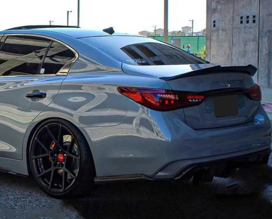 2014-2023 infiniti q50 sedan psm style rear trunk spoiler lip wing replica carbon fiber gloss black back left side