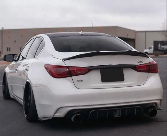 2014-2023 infiniti q50 sedan psm style rear trunk spoiler lip wing replica carbon fiber gloss black back left