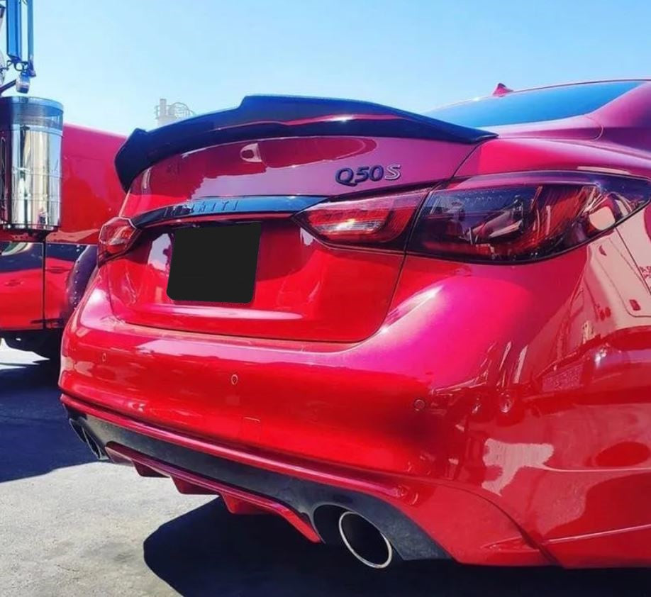 2014-2023 infiniti q50 sedan psm style rear trunk spoiler lip wing replica carbon fiber gloss black back right