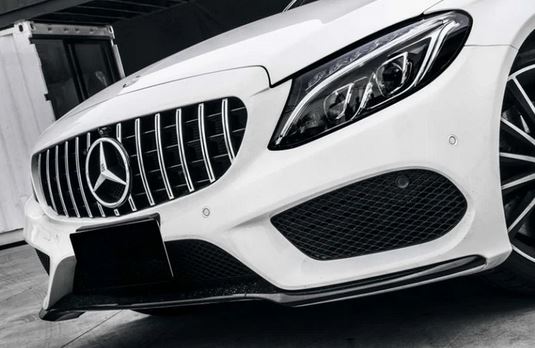 2015-2018 Mercedes C Class W205 GT Style Panamericana Front Grille Gloss Black with Chrome Slats Front Right Close Up