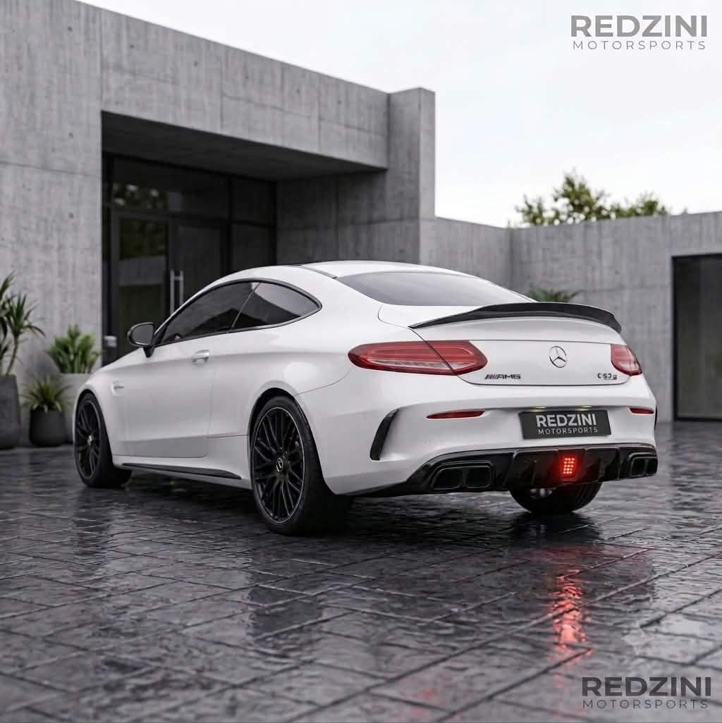2015-2023 Mercedes C Class Coupe C205 Brabus Style Rear Diffuser with LED Light Gloss Black Back Left c300/c43 amg