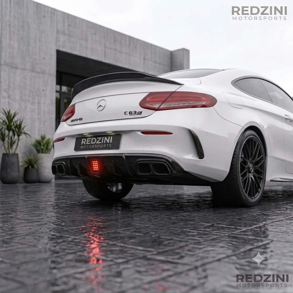 2015-2023 Mercedes C Class Coupe C205 Brabus Style Rear Diffuser with LED Light Gloss Black Back Left c300/c43 amg