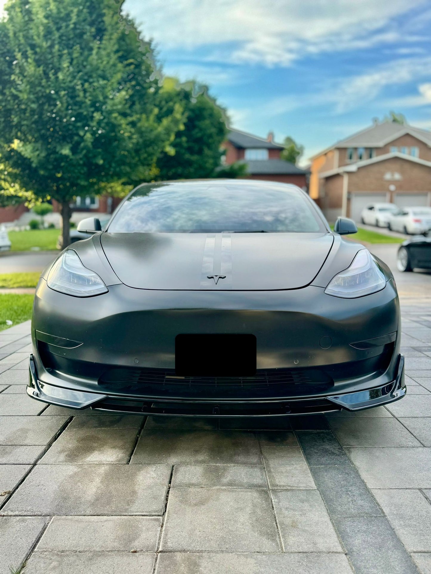 2017-2023 Tesla Model 3 V Style Front Lip Gloss Black Front Center Close Up