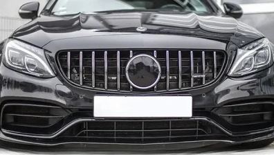 2019-2021 Mercedes C Class W205 GT Style Panamericana Front Grille Gloss Black with Chrome Slats Front Center