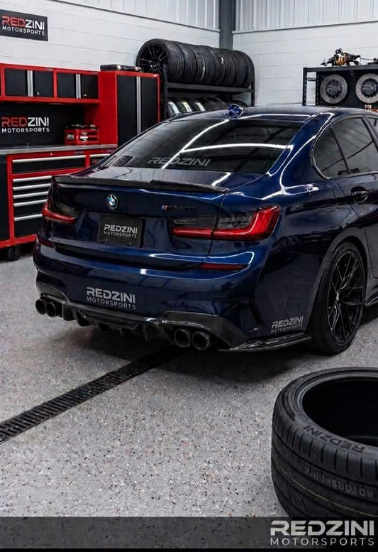 2019-2022 bmw 3 series g20 (330i/m340i) pre-lci m-sport m performance competition style v2 rear bumper diffuser with canards gloss black back right