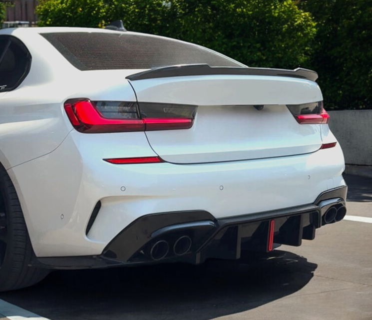 2019-2022 bmw 3 series g20 (330i/m340i) pre-lci m-sport slim led light style rear bumper diffuser gloss black replica carbon fiber back left