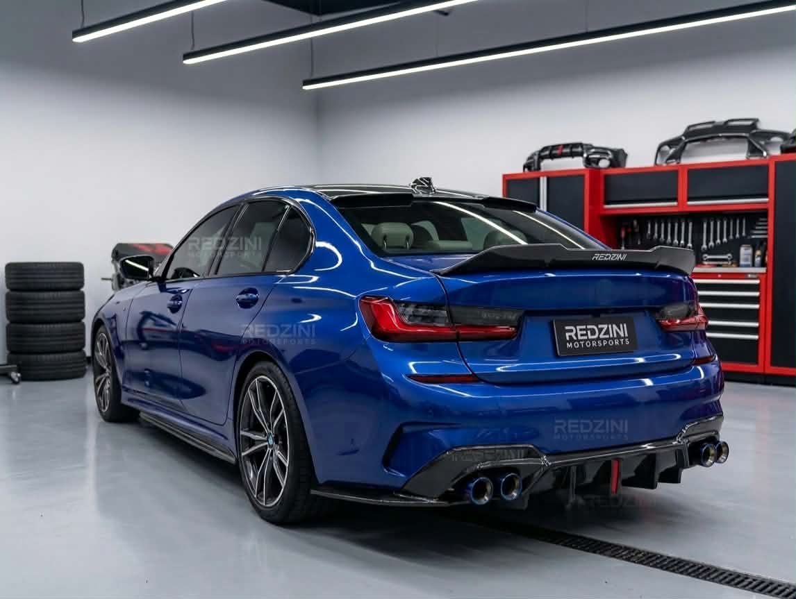 2019-2022 bmw 3 series g20 (330i/m340i) pre-lci m-sport slim led light style rear bumper diffuser gloss black replica carbon fiber back left