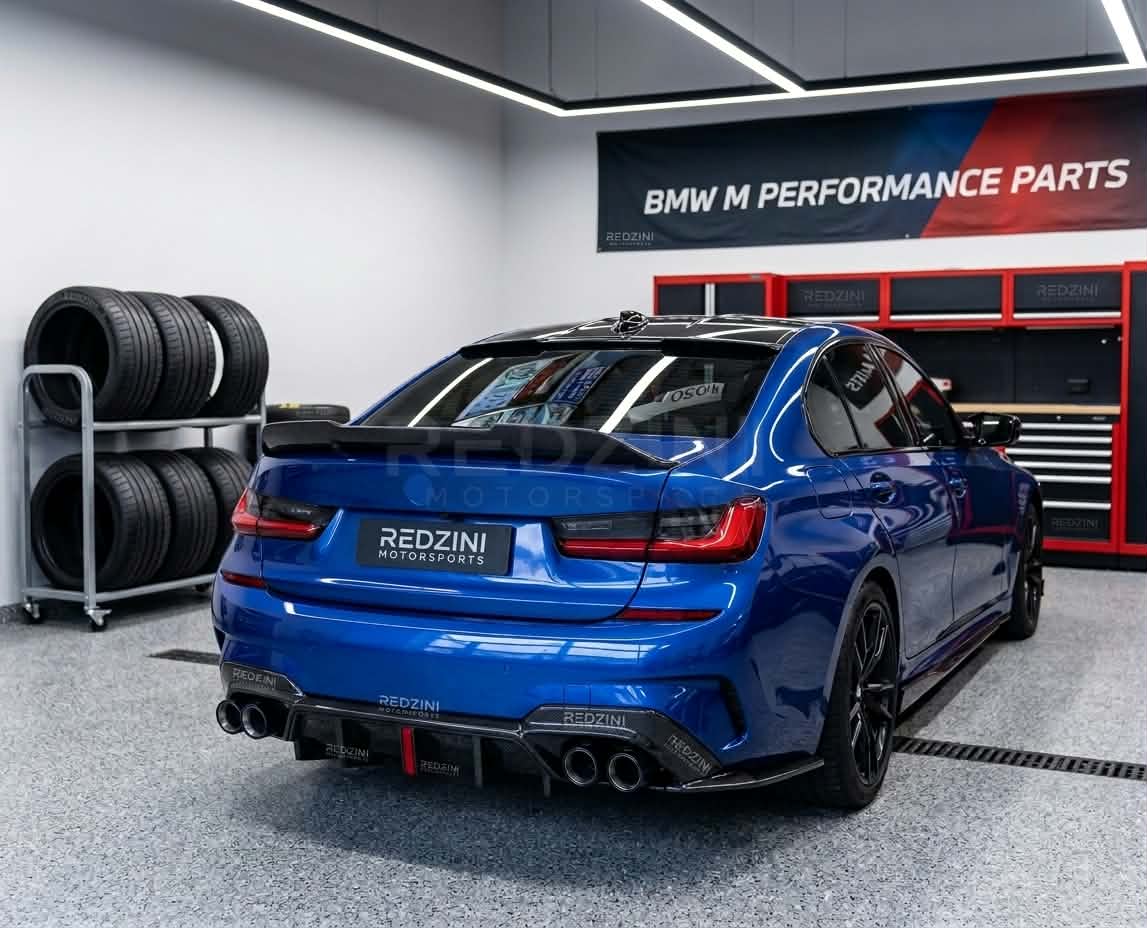 2019-2022 bmw 3 series g20 (330i/m340i) pre-lci m-sport slim led light style rear bumper diffuser gloss black replica carbon fiber back right