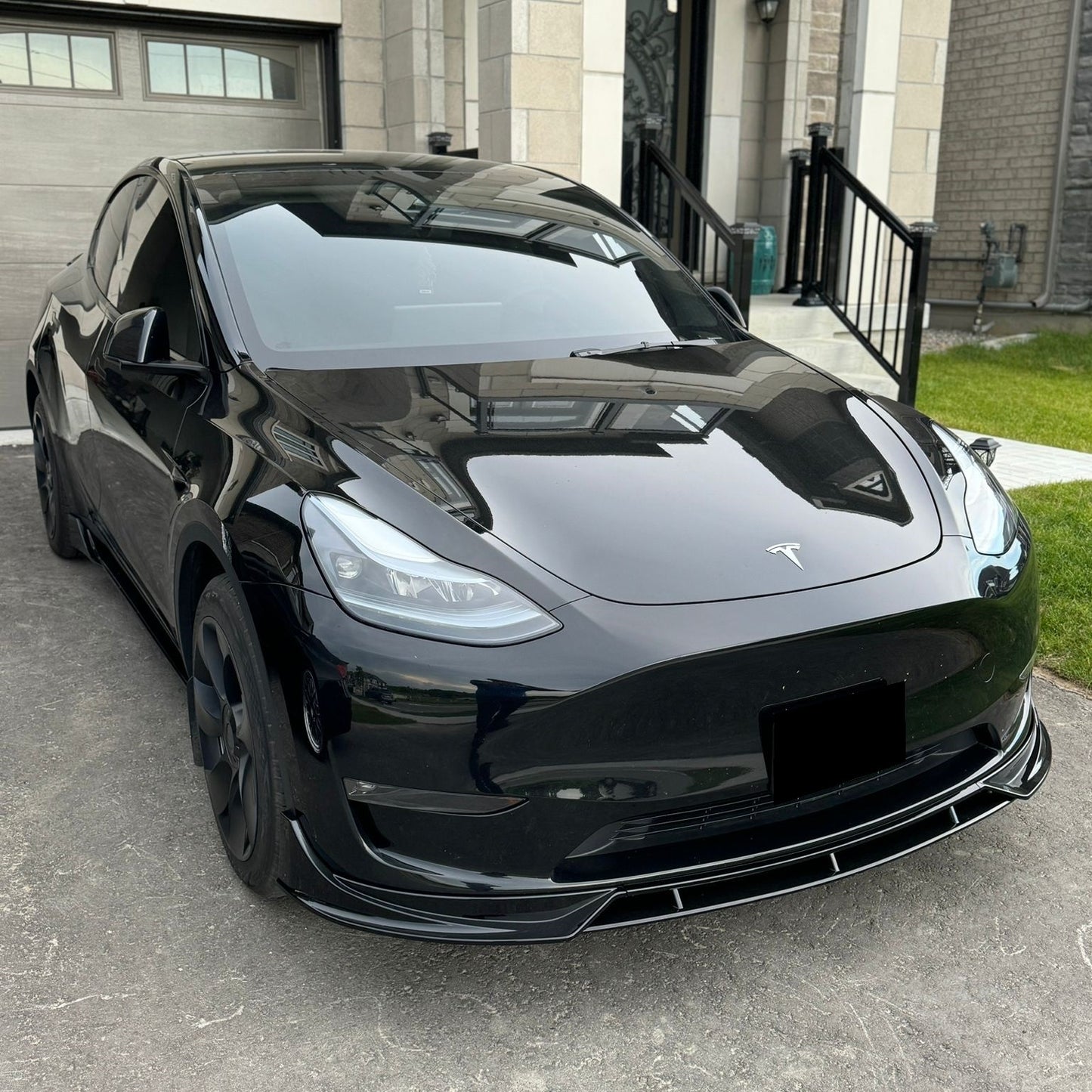 2020-2024 Tesla Model Y V Style Front Lip Gloss Black Front Left Close Up