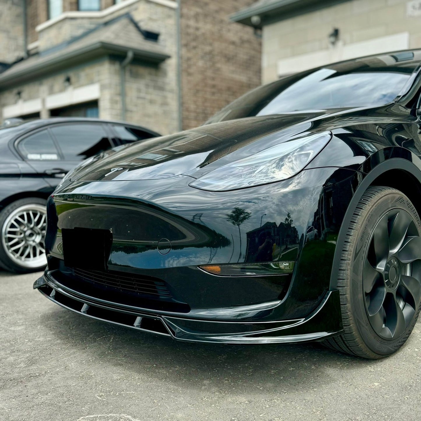 2020-2024 Tesla Model Y V Style Front Lip Gloss Black Front Right Close Up