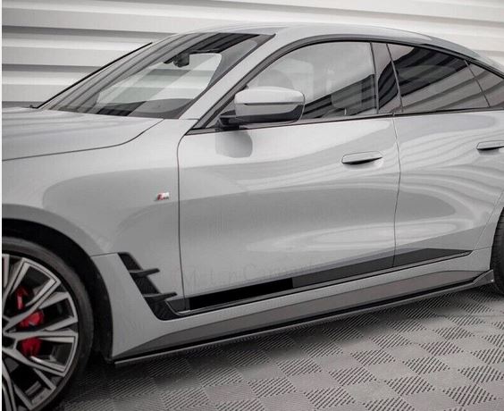 2021-2025 bmw 4 series gran coupe g26 (430i/m440i/i4) m sport ac style full length side skirt extensions gloss black left side close up