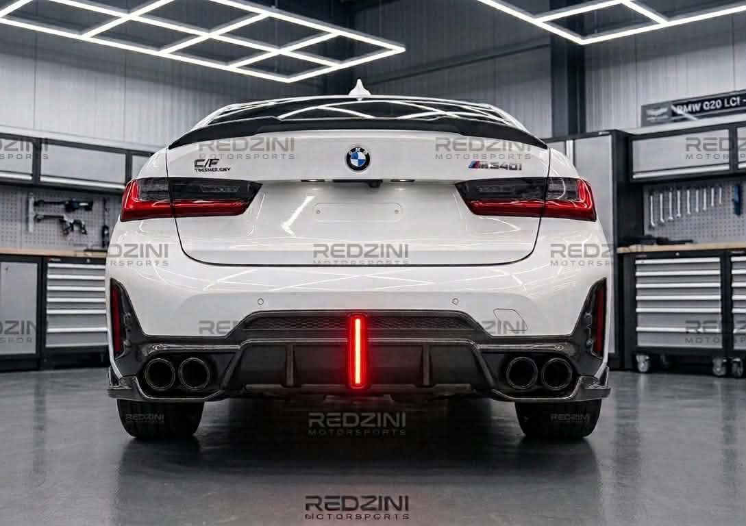 2023-bmw 3 series g20 330i/m340i m sport lci led light style rear bumper diffuser v2 gloss black