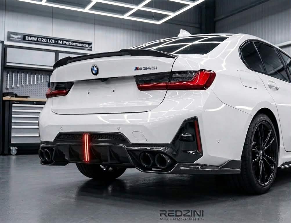 2023-bmw 3 series g20 330i/m340i m sport lci led light style rear bumper diffuser v2 gloss black back right