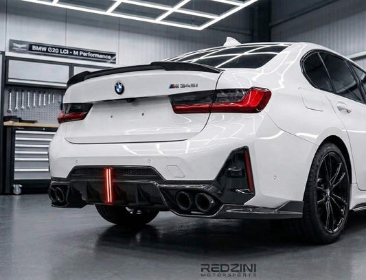 2023-bmw 3 series g20 330i/m340i m sport lci led light style rear bumper diffuser v2 gloss black back right