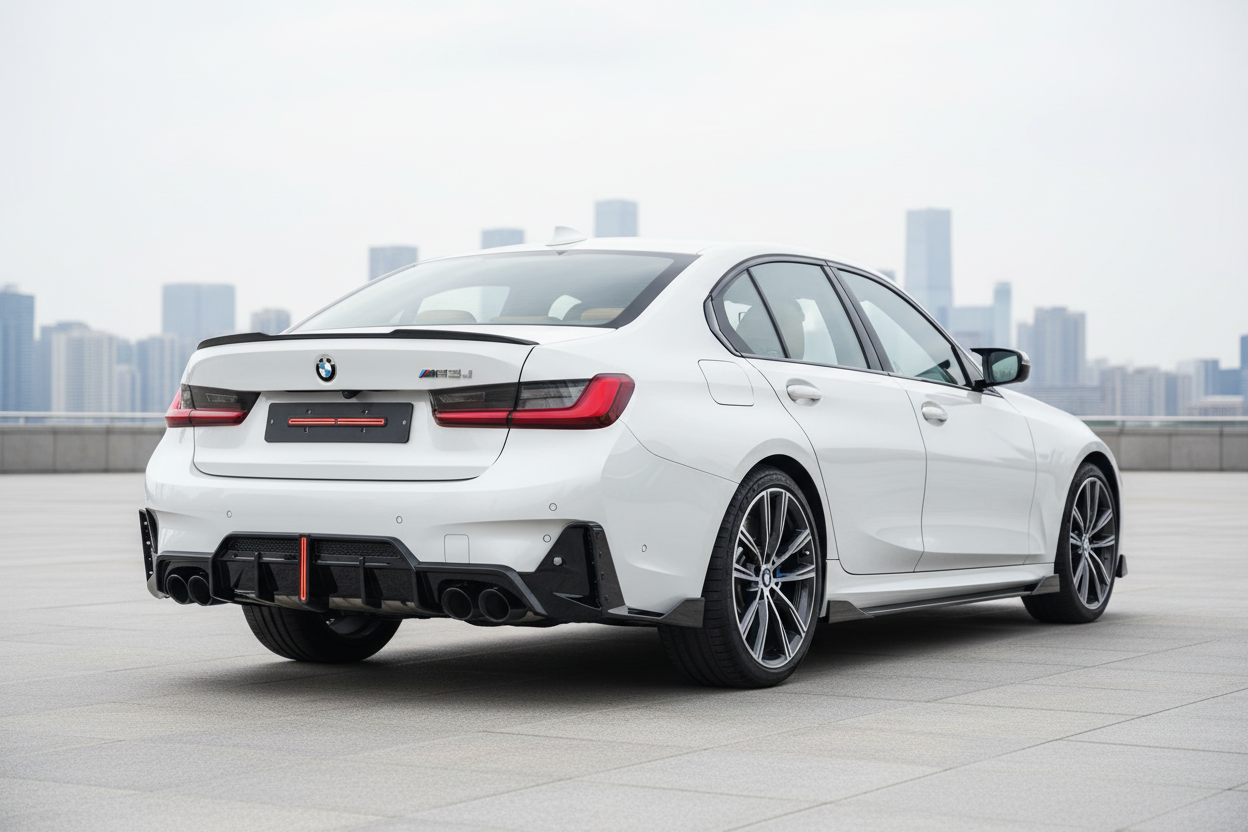 2023-bmw 3 series g20 330i/m340i m sport lci led light style rear bumper diffuser v2 gloss black