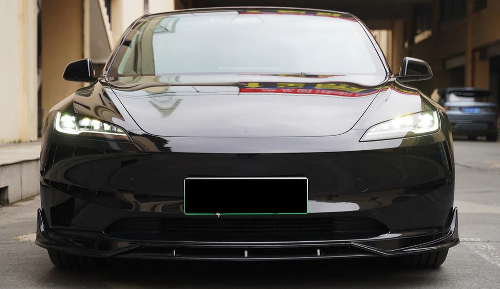 2024-2026 tesla model 3 v style front bumper lip splitter spoiler gloss black front center