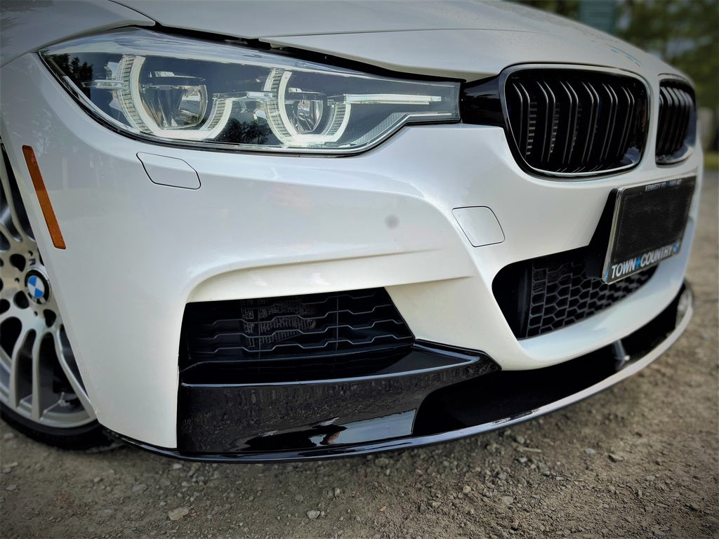 BMW F30 M Performance Front Lip Gloss Black Front Left Close Up